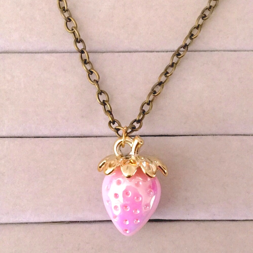 Iridescent Pink +Gold Pearlescent Strawberry Antique Brass Drop Pendant Necklace